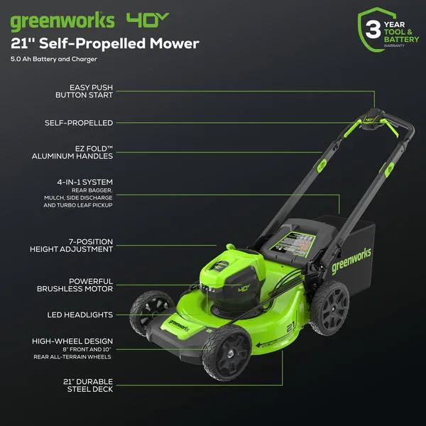 40V 21" Cordless Battery Self-Propelled Mower 3pc Combo Kit w/ 5.0Ah Battery & Charger