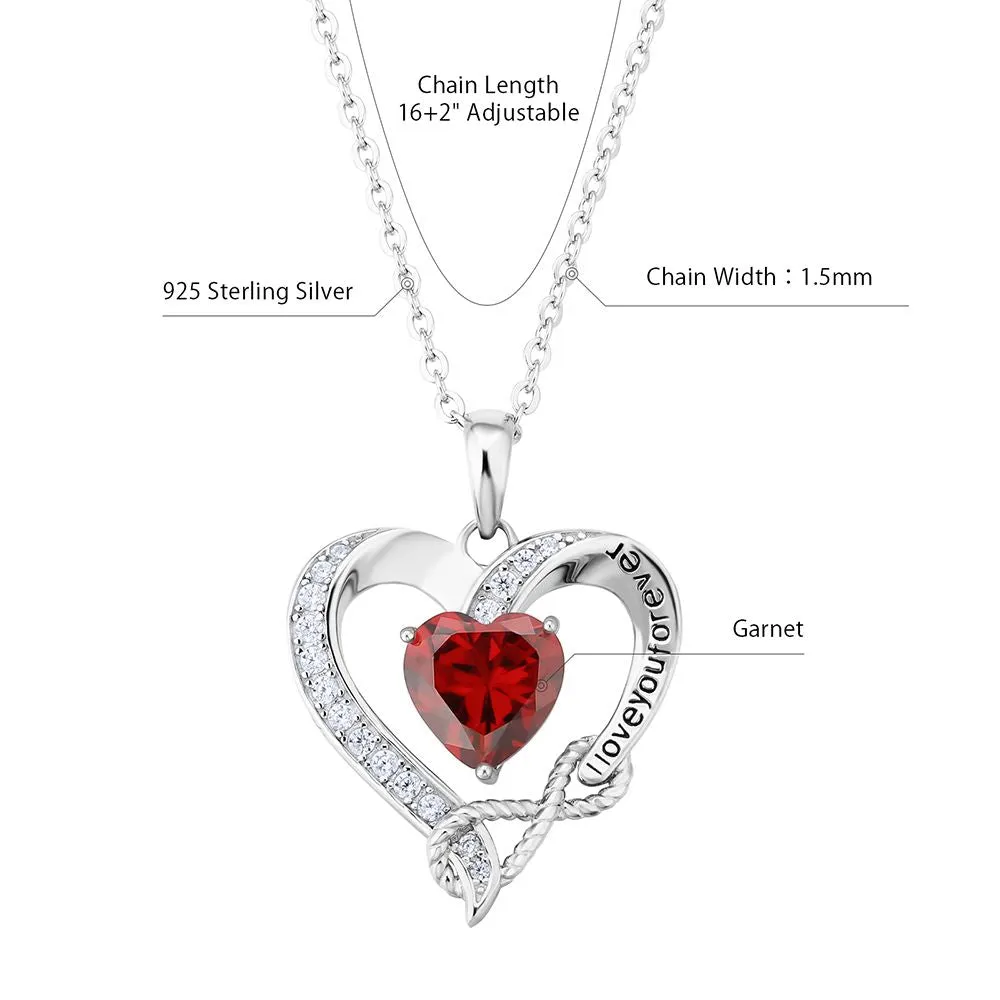 925 Sterling Silver January Birthstone Garnet Red Heart Pendant Forever Love for Women