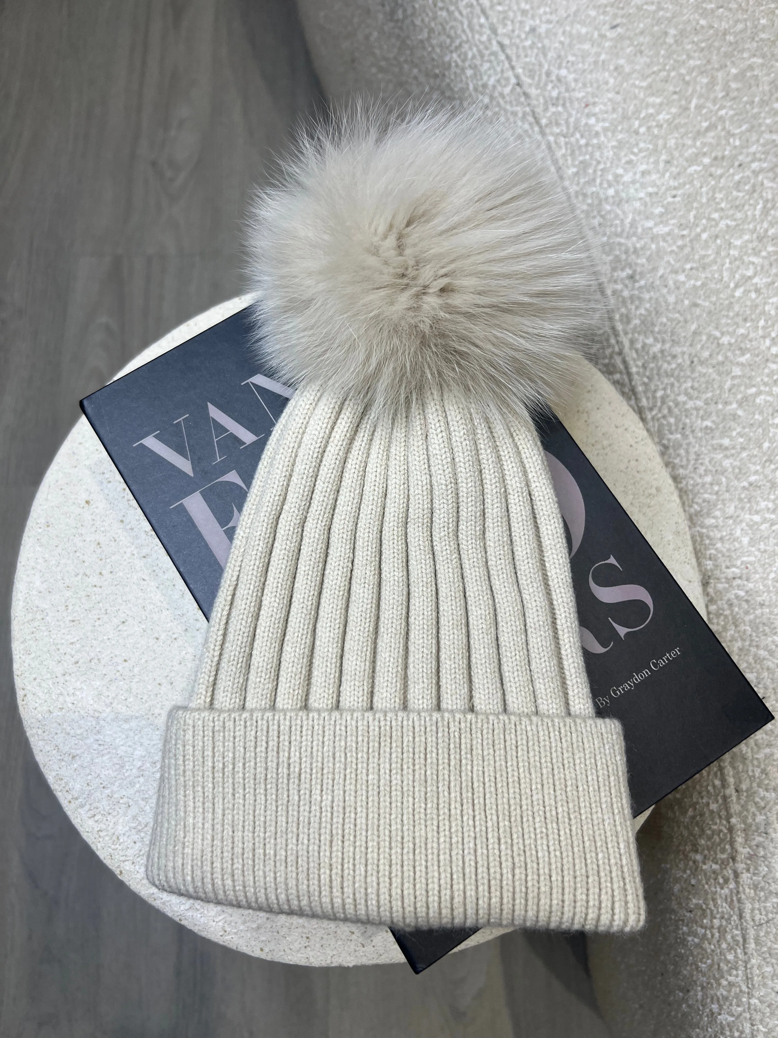 Beige Luxury Fur Bobble Hat