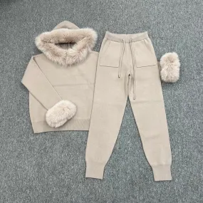 Beige Luxury Fur Trim Hood & Cuff Jogger Tracksuit