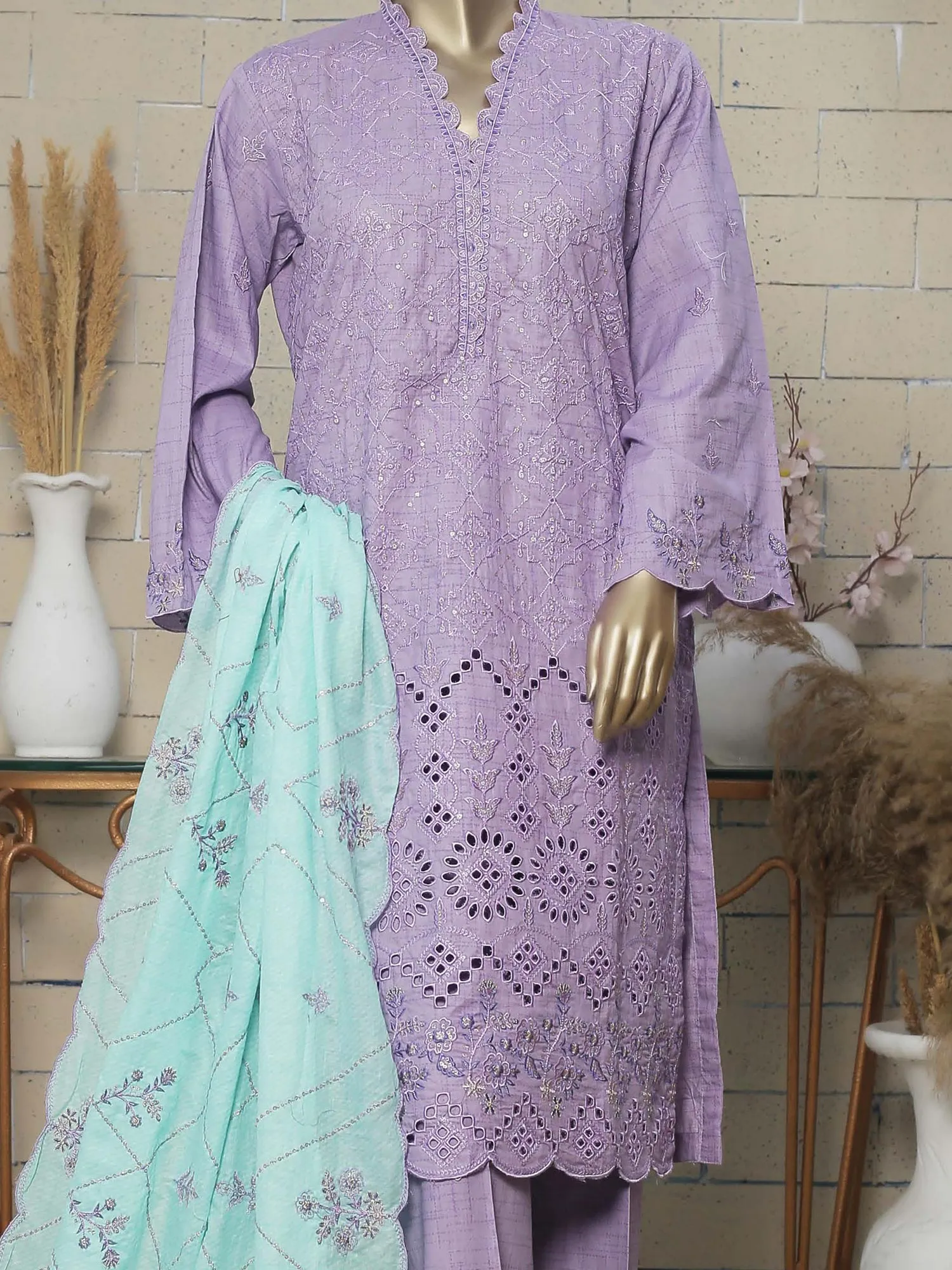 Bin Saeed Luxury Lawnkari Embroidered Suit - Lilac