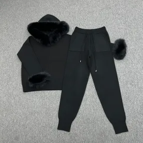 Black Luxury Fur Trim Hood & Cuff Jogger Tracksuit