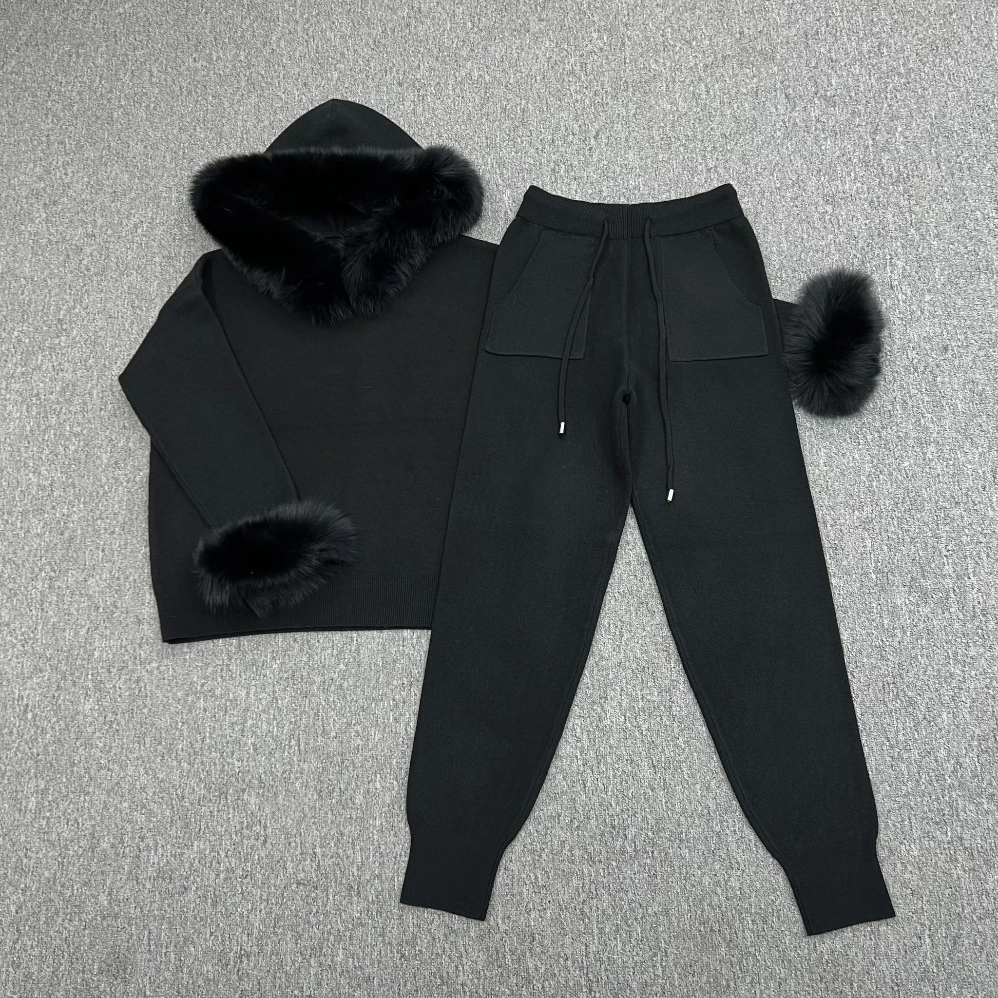 Black Luxury Fur Trim Hood & Cuff Jogger Tracksuit