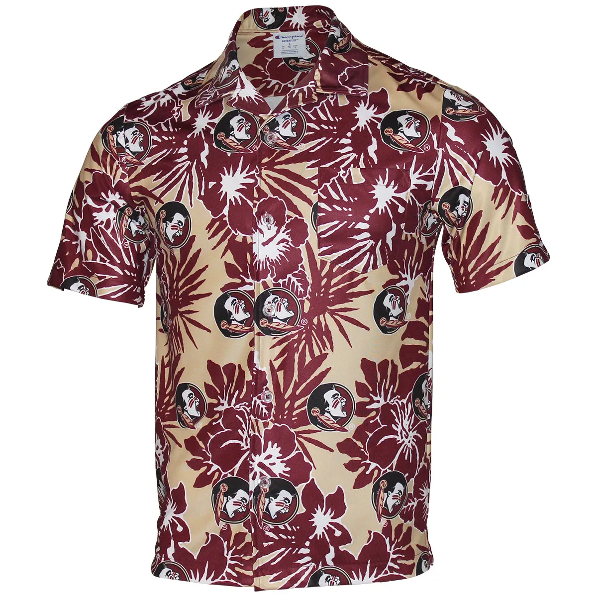 Champion Men's Seminole Logo Sublimated Hawaiian Print Short Sleeve Woven Button Up - Garnet/Gold