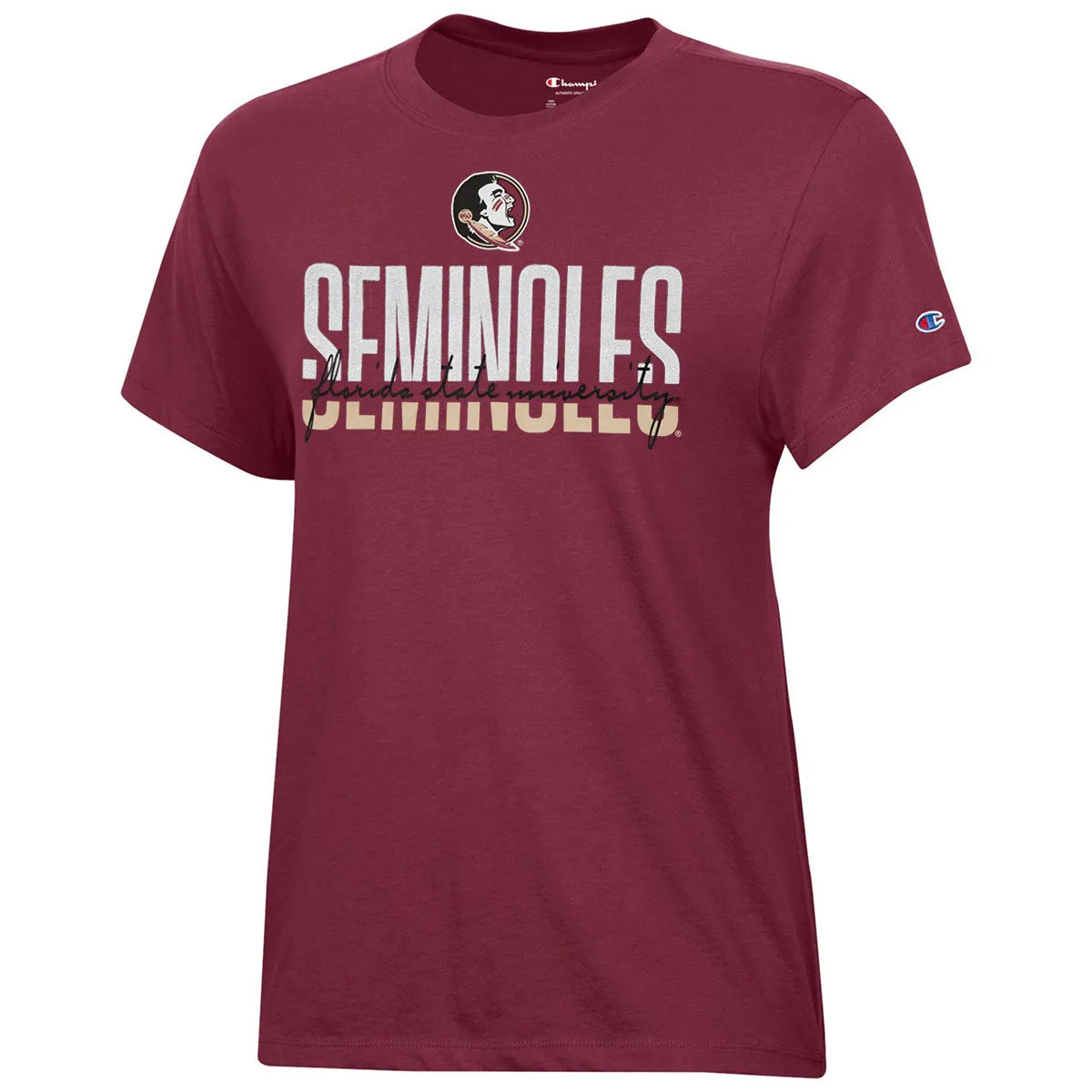 Champion Women's Seminole Logo Seminoles Glitter Design Short Sleeve T-shirt - Garnet