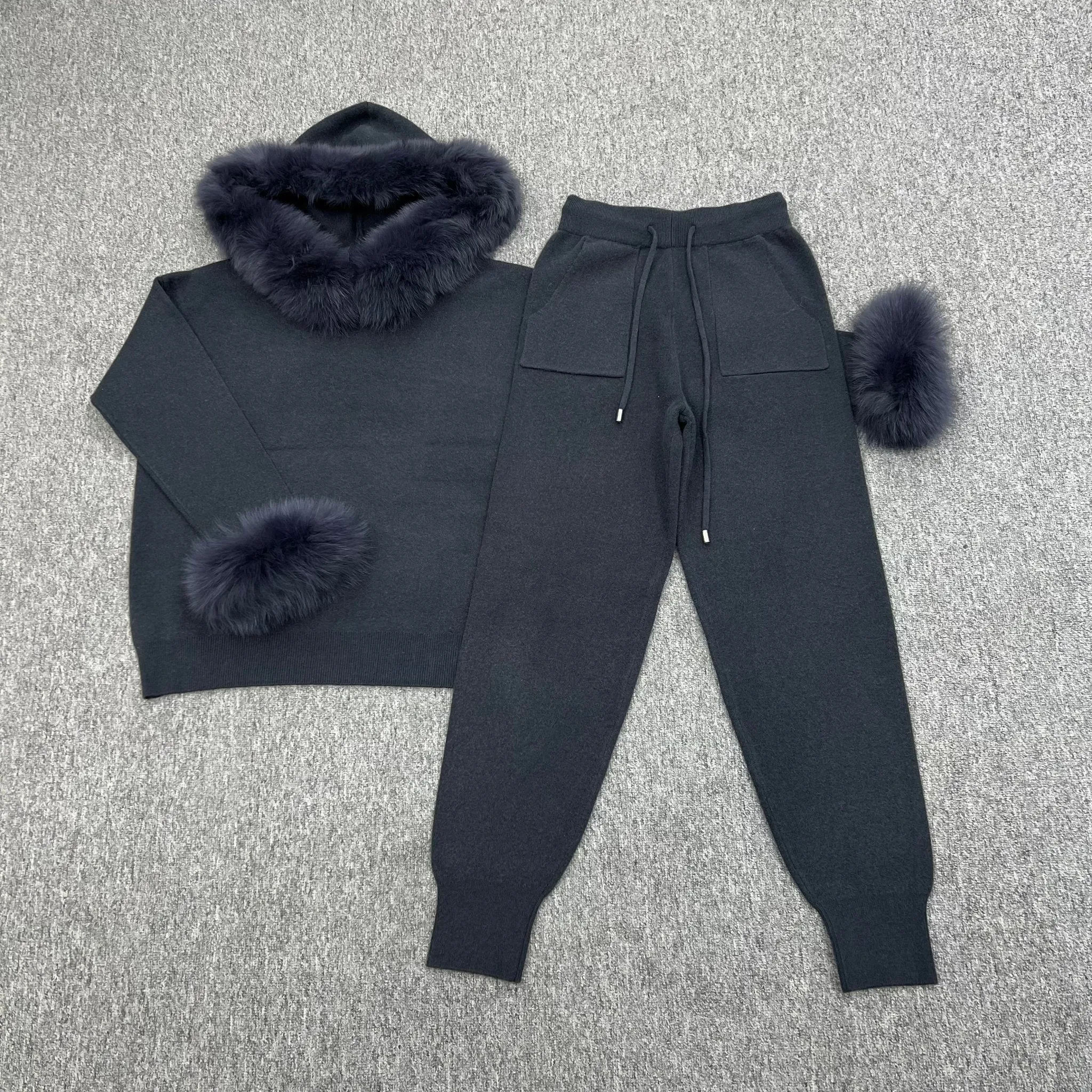 Charcoal Luxury Fur Trim Hood & Cuff Jogger Tracksuit