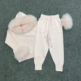 Childrens Baby Pink Luxury Fur Trim Hood & Cuff Tracksuit