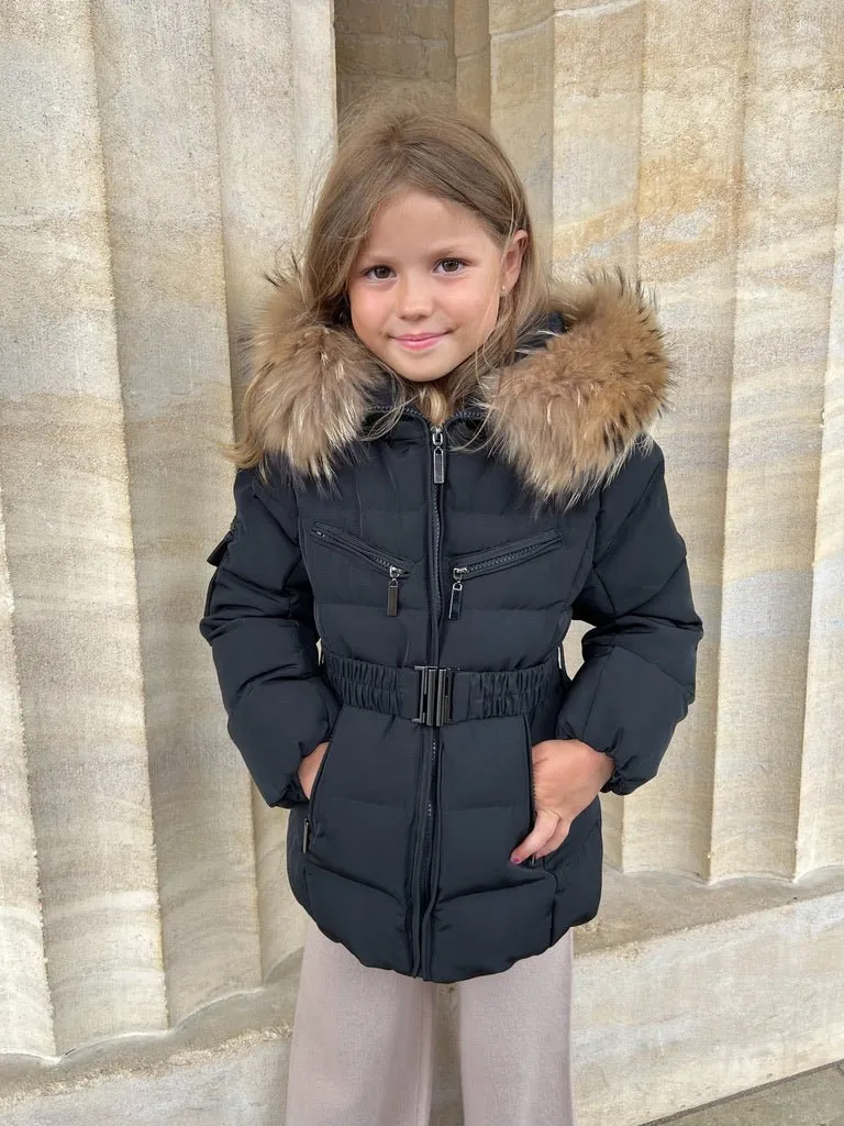 Childrens Black Luxury Fur Padded Belted Coat