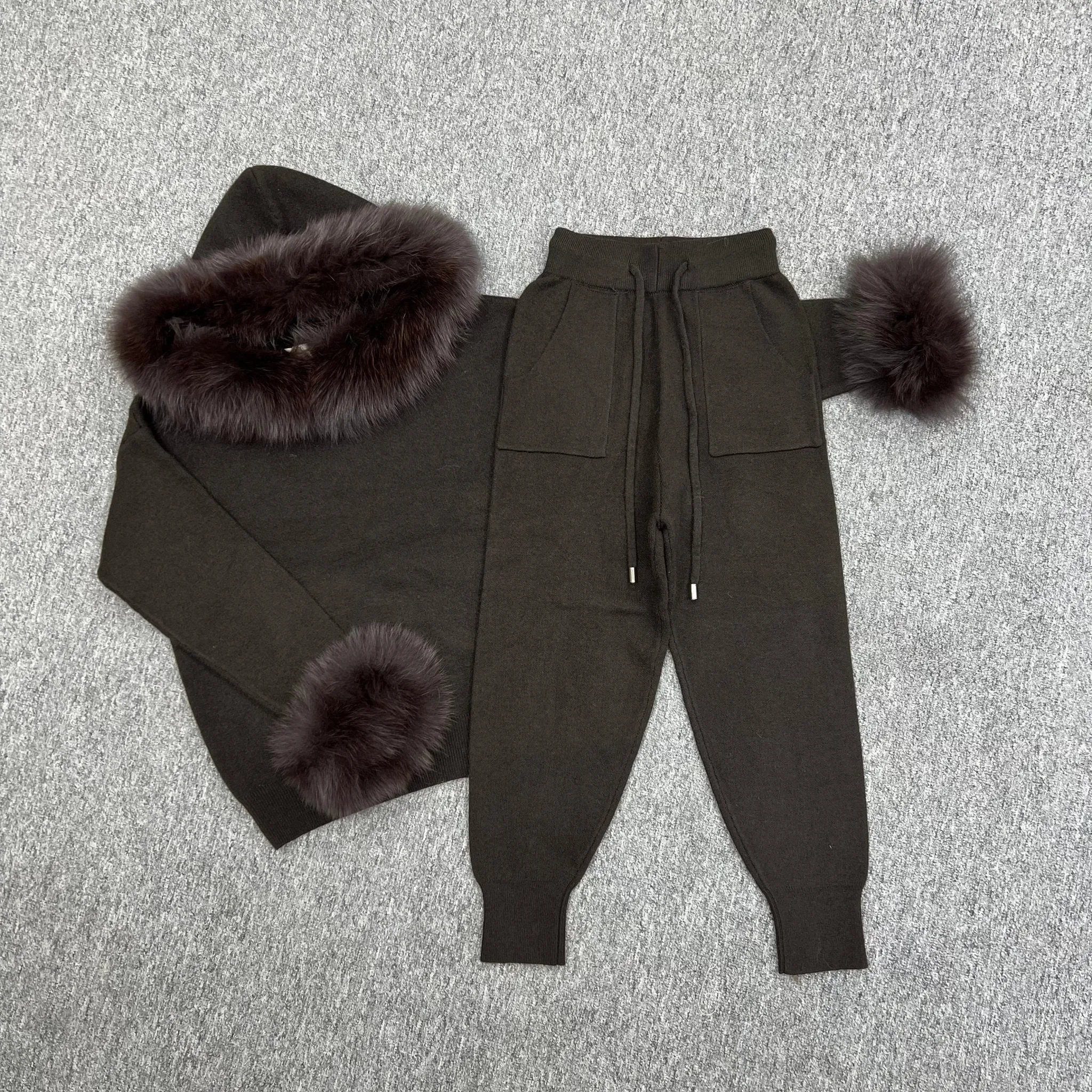 Childrens Chocolate Luxury Fur Trim Hood & Cuff Tracksuit