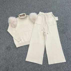 Childrens Light Beige Luxury Fur Roll Neck Wide Leg Tracksuit