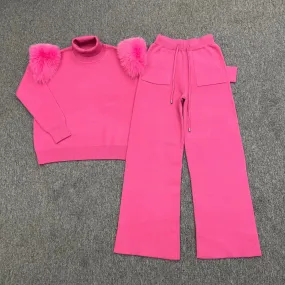 Hot Pink Luxury Fur Roll Neck Wide Leg Tracksuit