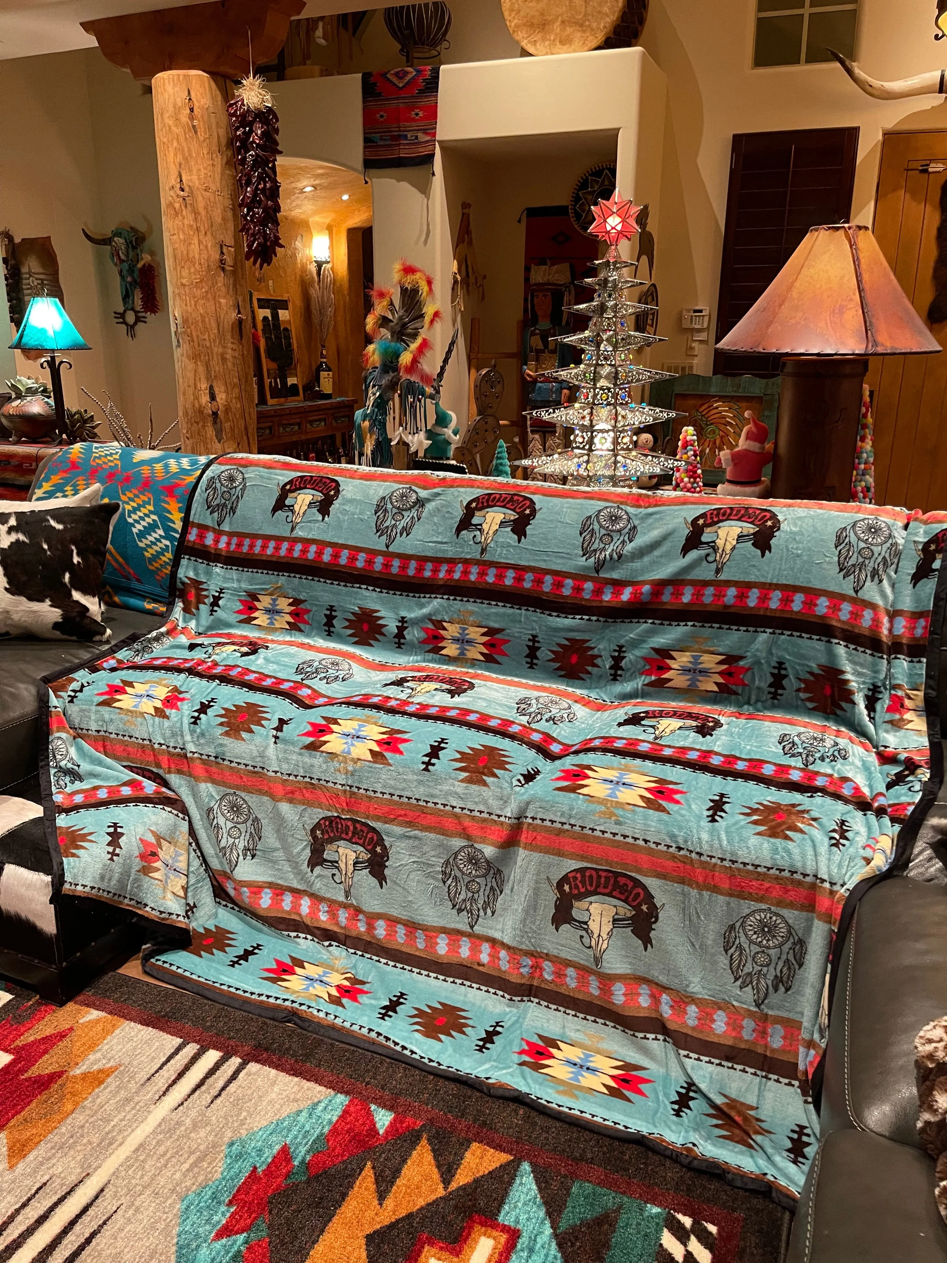 HUGE King Rodeo Southwest aztec velvet LUXURY flannel BLANKET