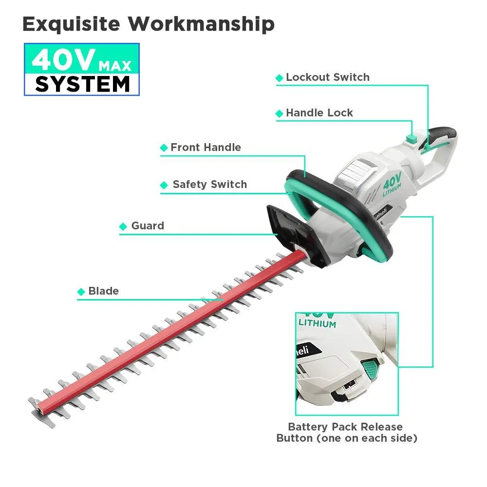 LiTHELi 40V 21 inches Cordless Hedge Trimmer with 2.5AH Battery and Charger