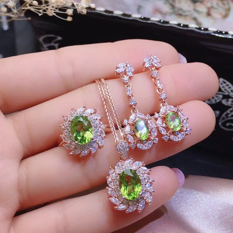 Luxury Party Rose Gold Olive Green Peridot Crystal Jewelry Set