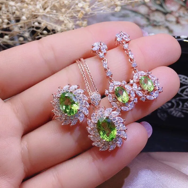 Luxury Party Rose Gold Olive Green Peridot Crystal Jewelry Set