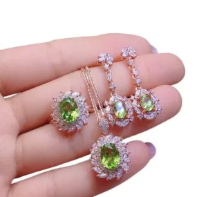 Luxury Party Rose Gold Olive Green Peridot Crystal Jewelry Set