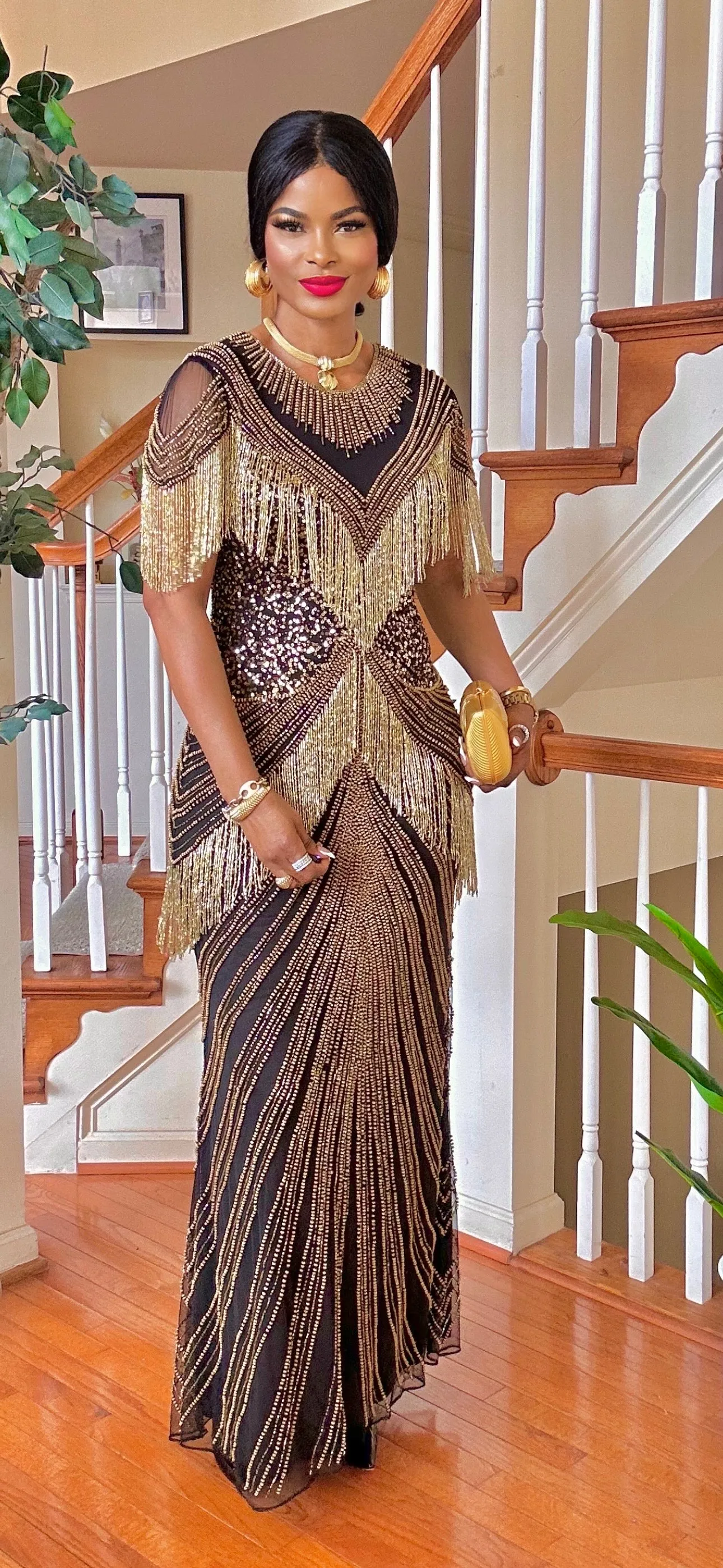 LUXURY SHORT SLEEVE BEADED SEQUINS MAXI DRESS(GOLD/BLACK)