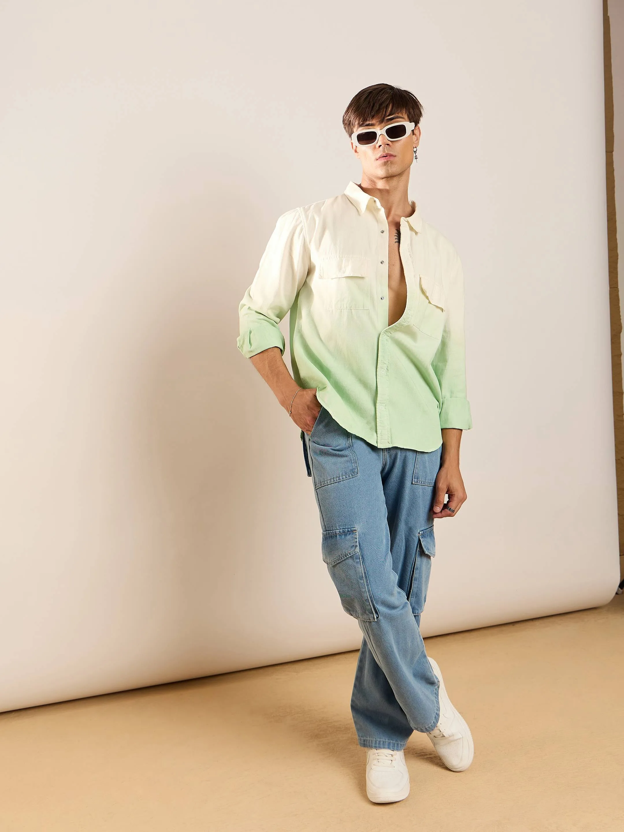 Men Green & White Ombre Shirt