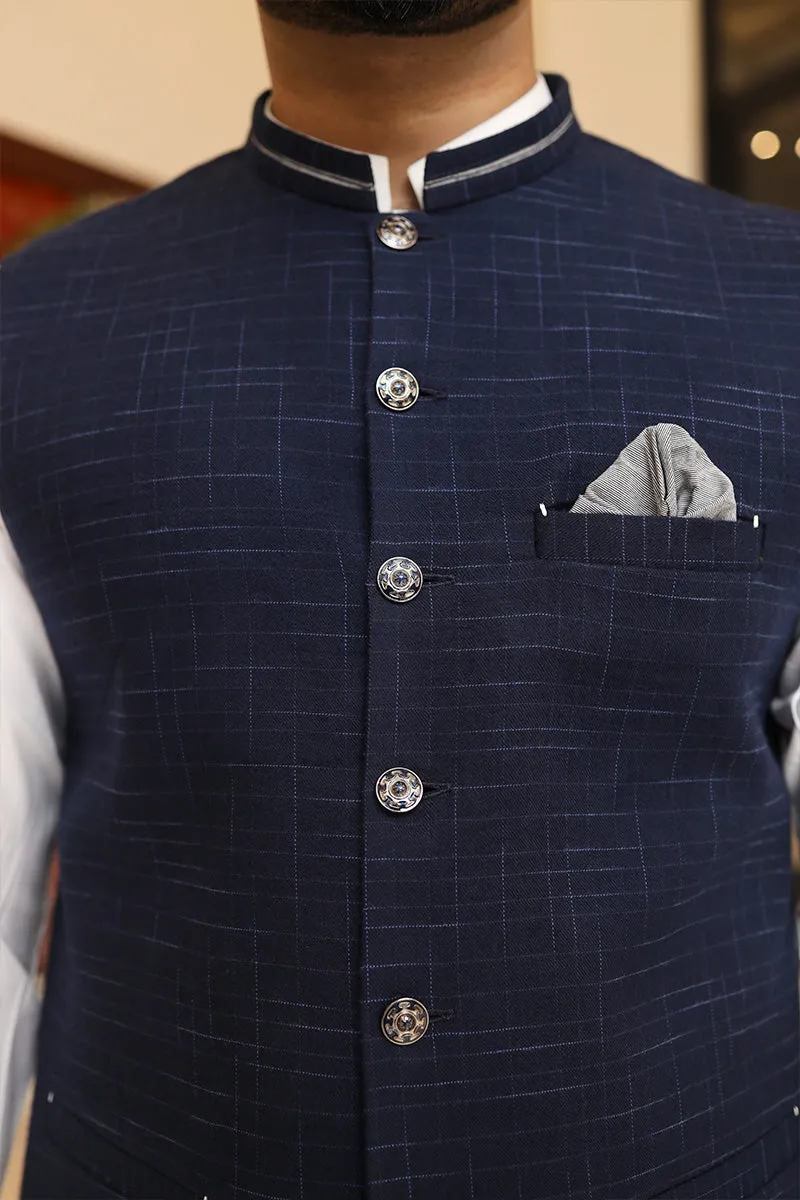 Men Self Design Waistcoat Navy