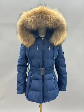 Navy Luxury Fur Padded Belted Coat