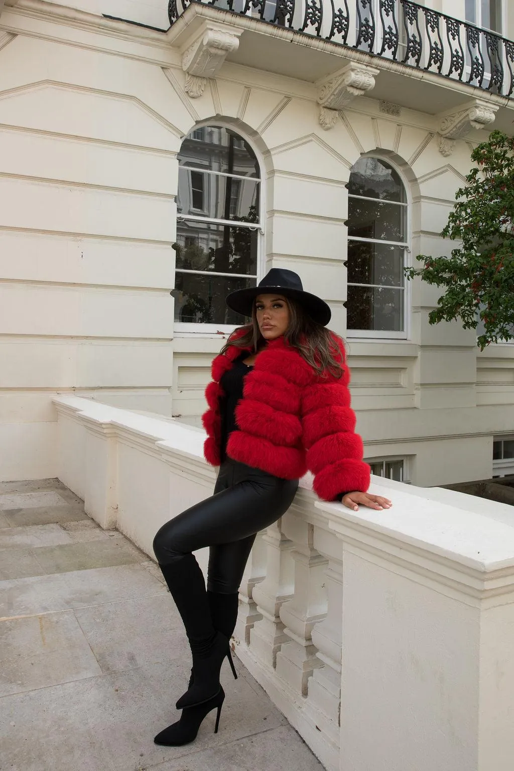 Red Luxury Fur 5 Row Cropped Sleeve Jacket