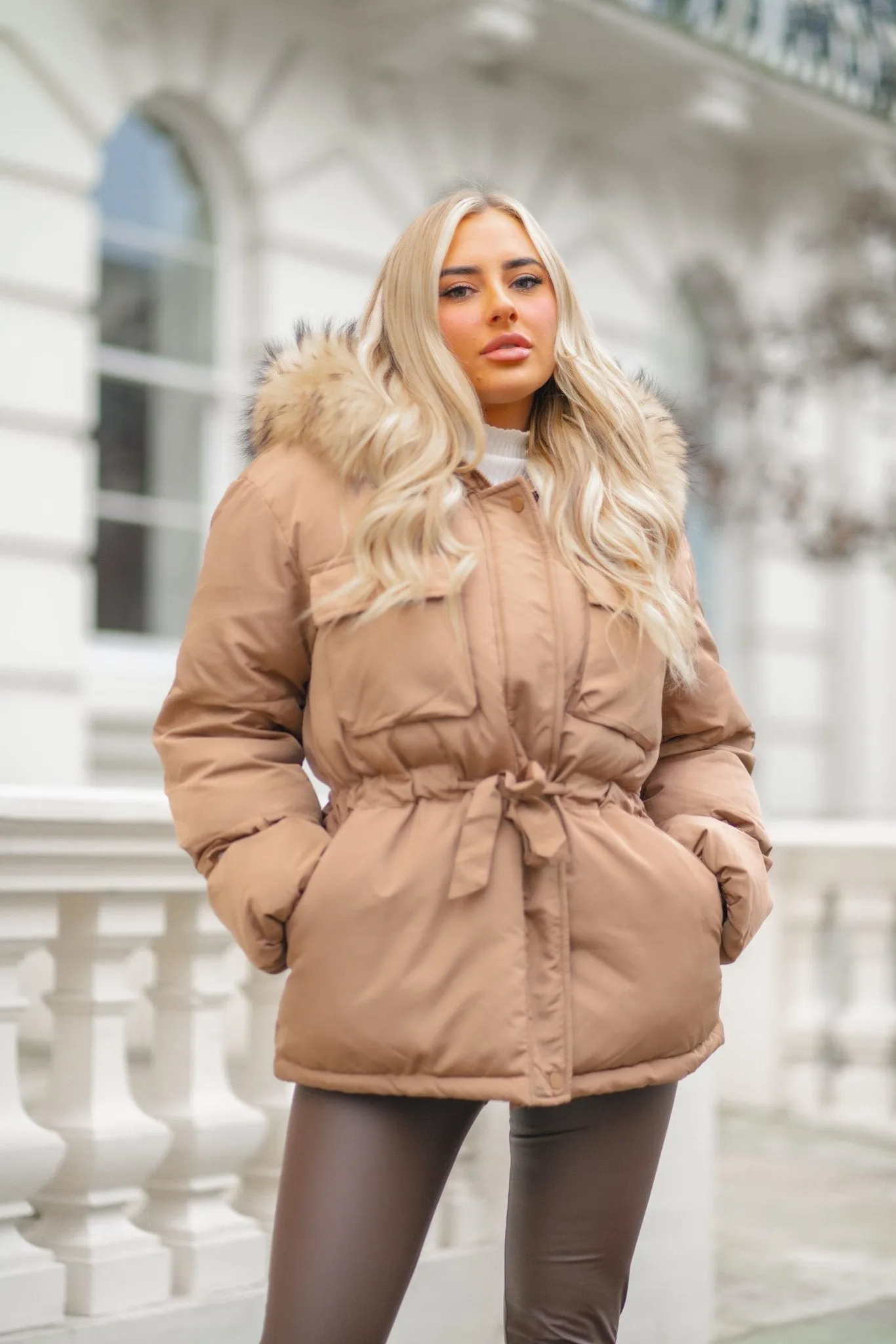 Tan Drawstring Luxury Fur Padded Belted Coat