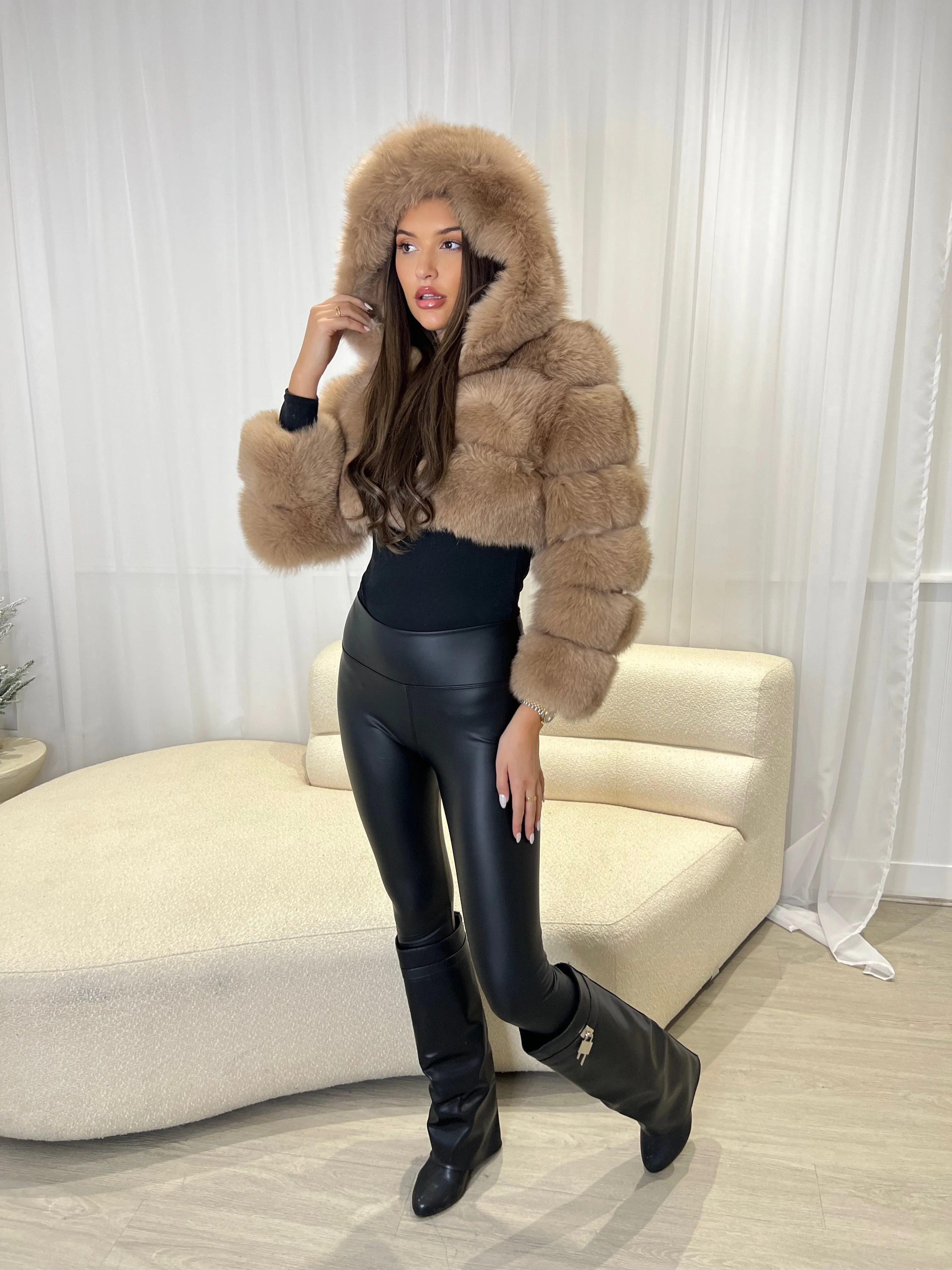 Tan Luxury Fur Hooded Jacket