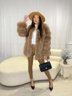 Tan Luxury Fur Mid Length Coat