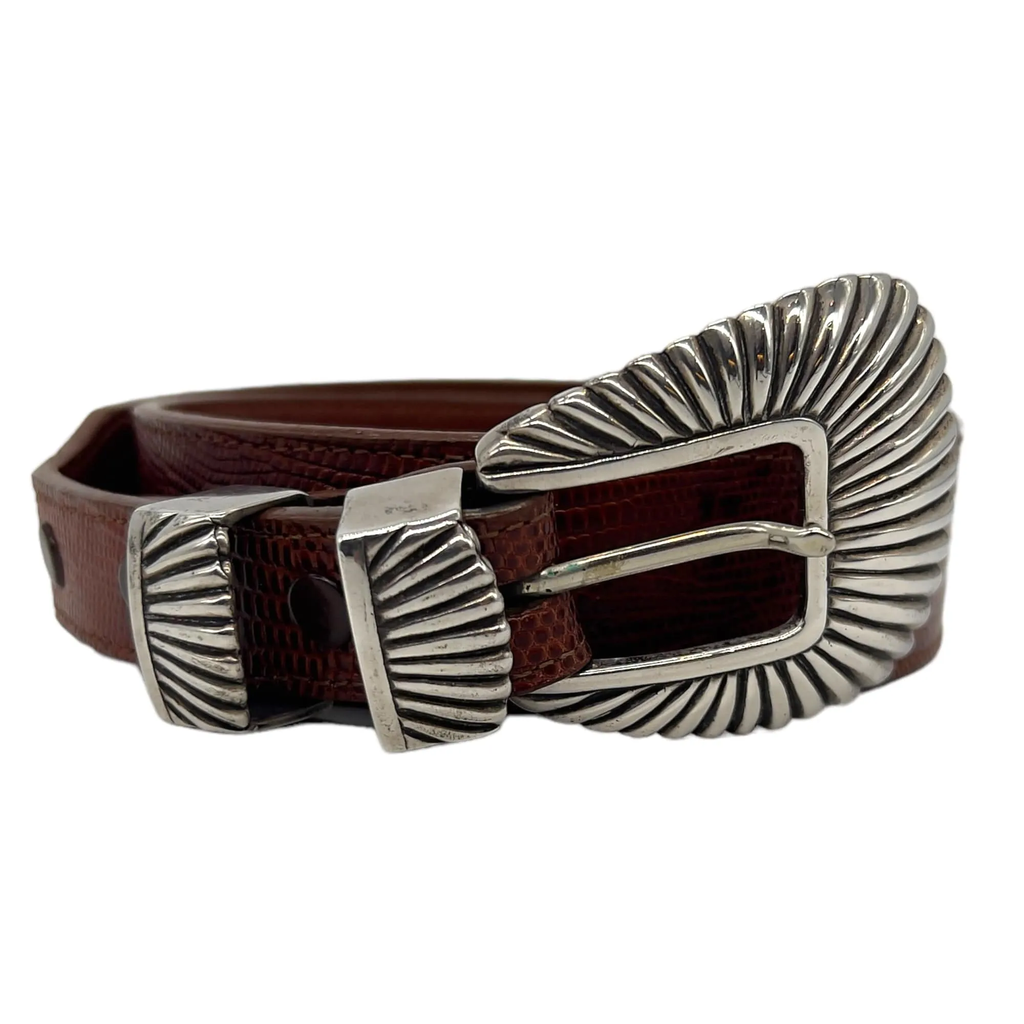 TOM TAYLOR Vintage Lizard & Sterling Silver Belt - Cognac