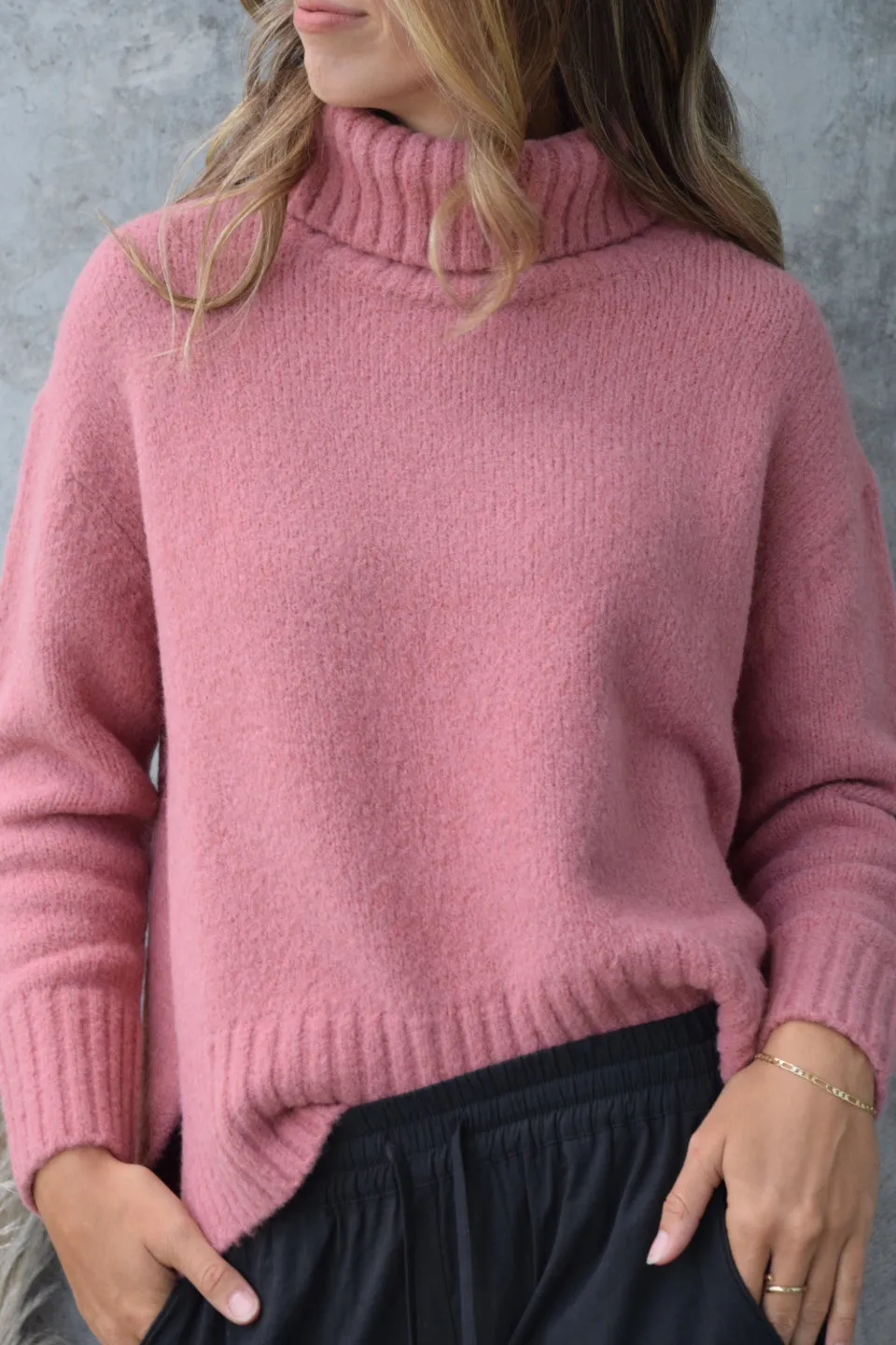 Zealous Old Rose Chunky Drop Shoulder Roll Neck Knit